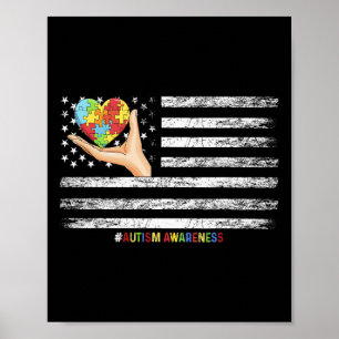 Autism Awareness American Flag Usa Hand With A Hea Poster