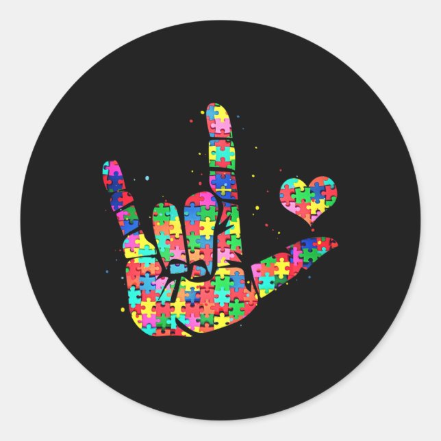 Autism Awareness  ASL Love Sign Language Puzzle Pi Classic Round Sticker (Front)