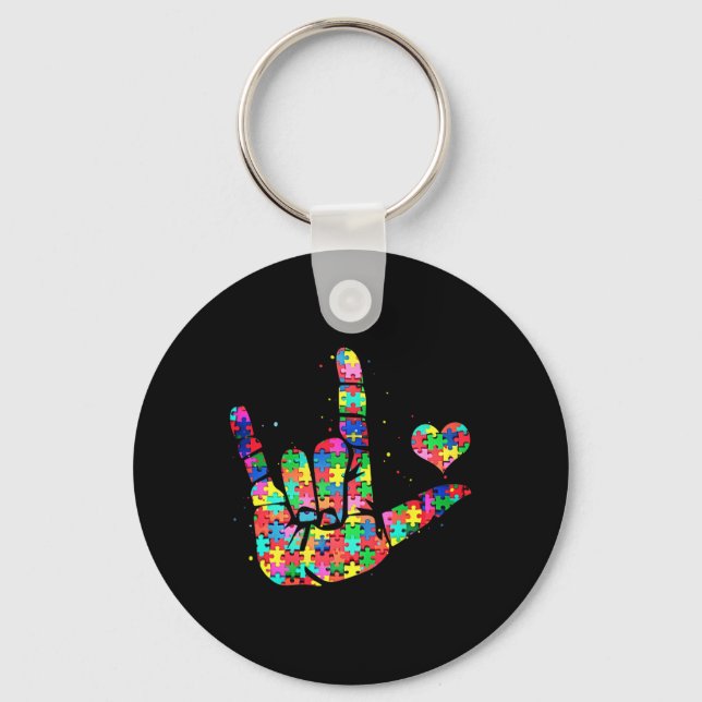 Autism Awareness  ASL Love Sign Language Puzzle Pi Key Ring (Front)