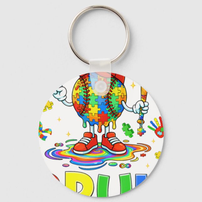 Autism Awareness Baseball Bruh Puzzl Key Ring (Front)