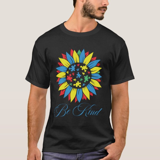 Autism Awareness Be Kind Puzzle Piece Sunflower Wo T-Shirt (Front)