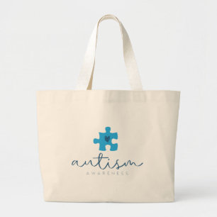 autism awareness blue puzzle piece heart  large tote bag