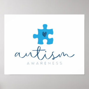autism awareness blue puzzle piece heart poster