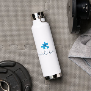 autism awareness blue puzzle piece heart water bottle