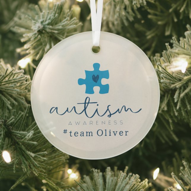 autism awareness blue puzzle piece #team name  glass tree decoration (Insitu)