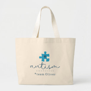 autism awareness blue puzzle piece #team name large tote bag