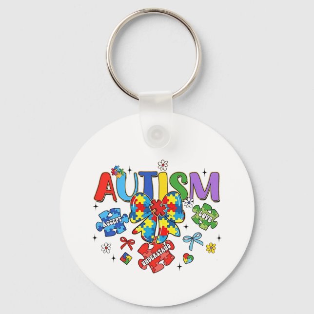 Autism Awareness Bow Coquette Puzzle Piece Neuro  Key Ring (Front)
