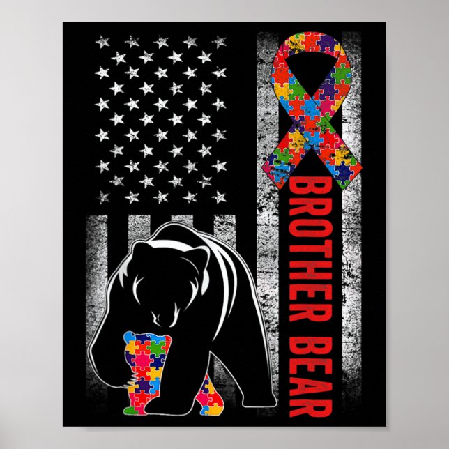 Autism Awareness Brother Bear American Flag Autism Poster (Front)