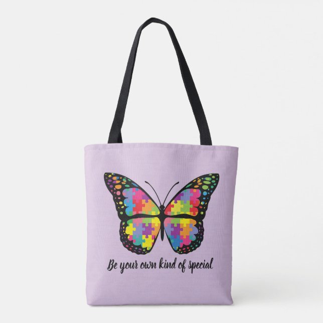 Autism Awareness Butterfly Puzzle Piece Tote Bag (Back)