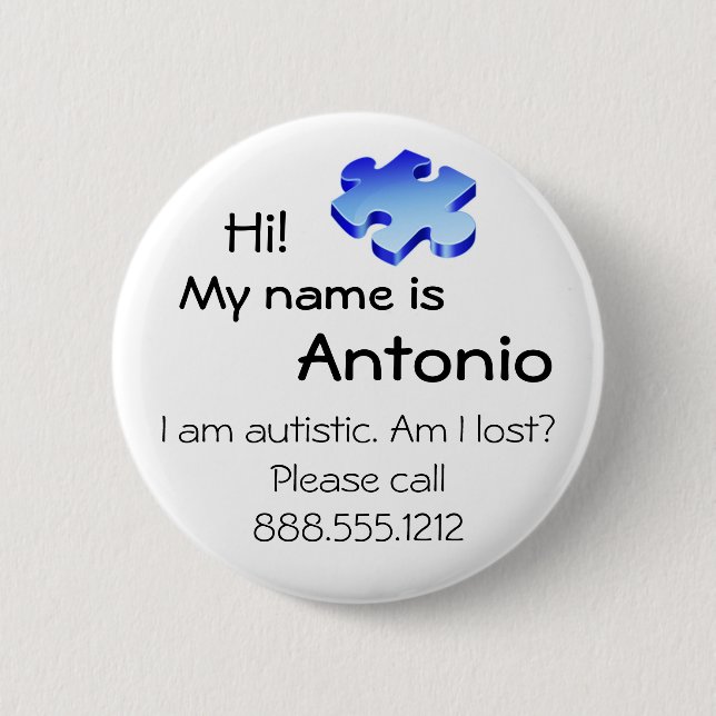 Autism Awareness Button with your name and phone (Front)