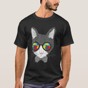 Autism Awareness Cat Face Sunglasses Puzzle Piece T-Shirt