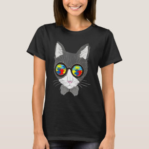 Autism Awareness Cat Face Sunglasses Puzzle Piece  T-Shirt