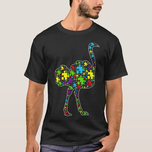 Autism Awareness Cute Ostrich Puzzle Piece Animals T-Shirt (Front)