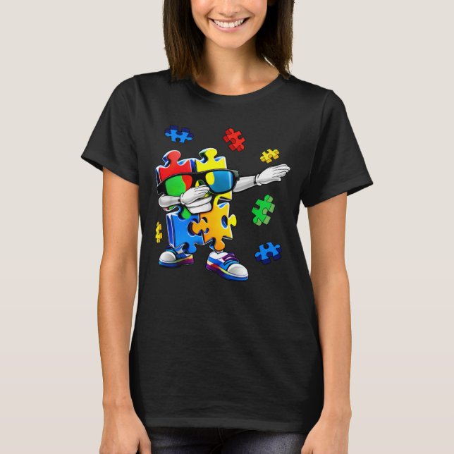 Autism Awareness Dabbing Puzzle Piece Kids And Gir T-Shirt (Front)