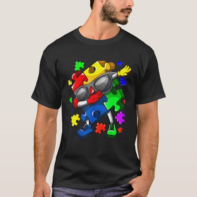 Autism Awareness Dabbing Puzzle Piece Sunglasses B T-Shirt (Front)