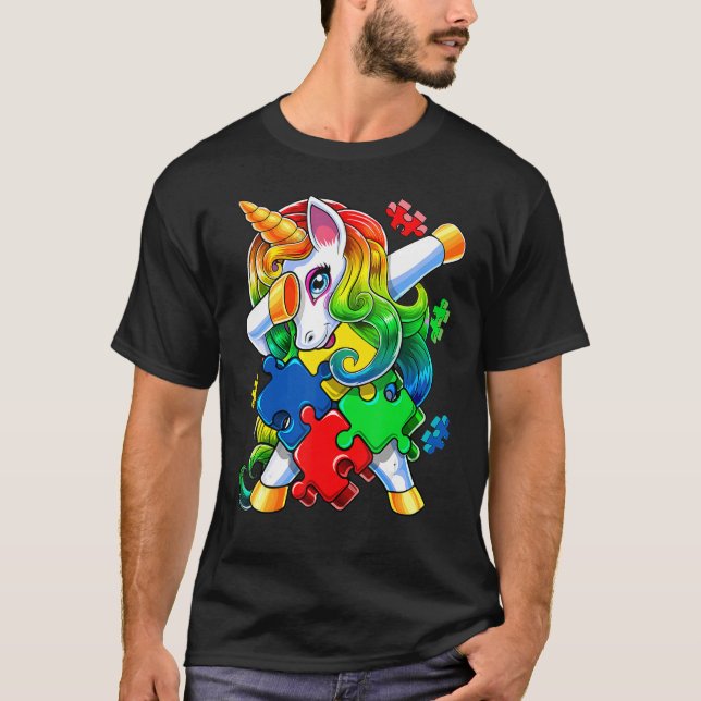 Autism Awareness Dabbing Unicorn Puzzle Piece For  T-Shirt (Front)