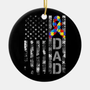 Autism Awareness Dad USA Flag Fathers day Ceramic Tree Decoration