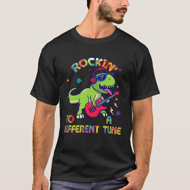 Autism Awareness Dino Rex Rockin To Different Tune T-Shirt (Front)