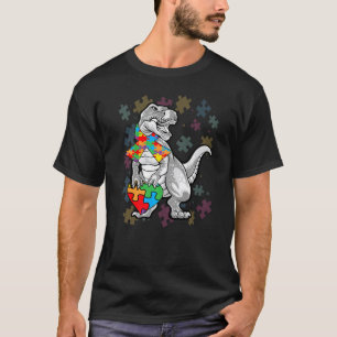 Autism Awareness Dinosaur Rex Heart Puzzle Pieces T-Shirt