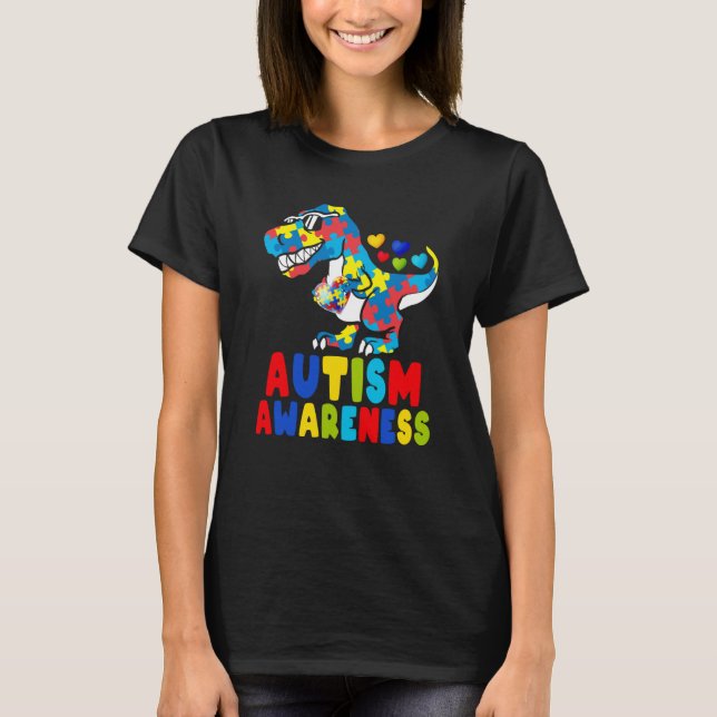 Autism Awareness Dinosaur Rex Heart Puzzle Pieces  T-Shirt (Front)