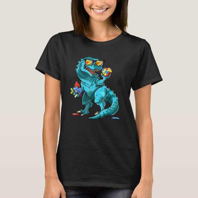 Autism Awareness Dinosaur  T-Rex Heart Puzzle Piec T-Shirt (Front)