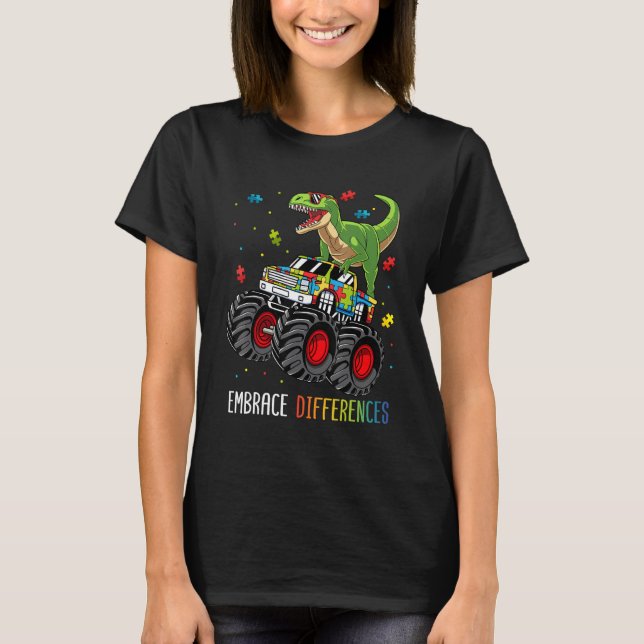 Autism Awareness Dinosaur T-rex Monster Truck Boys T-Shirt (Front)