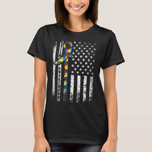 Autism Awareness Distressed American Flag Cute Puz T-Shirt (Front)