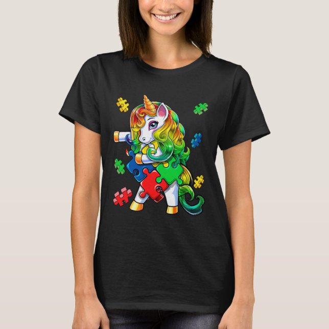 Autism Awareness Flossing Unicorn Puzzle Piece Gif T-Shirt (Front)