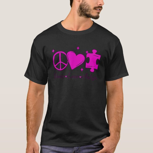 Autism Awareness Funny Peace Love Puzzle Kids Girl T-Shirt (Front)