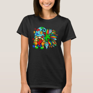 Autism Awareness Gnome Colorful Puzzles Sunflower T-Shirt