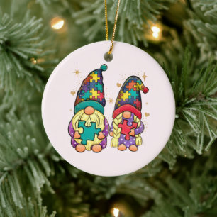 Autism Awareness Gnome Couple Ceramic Tree Decoration