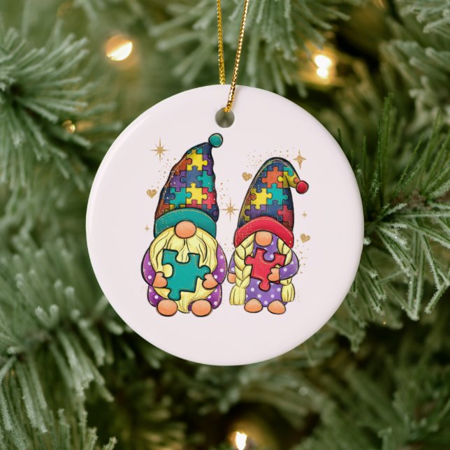 Autism Awareness Gnome Couple Ceramic Tree Decoration (Tree)