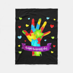 Autism Awareness Hand, Puzzle World Autism Awarene Fleece Blanket