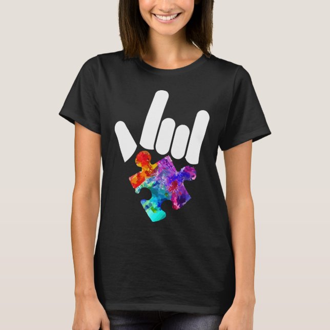 Autism Awareness Hand Rock &amp Roll Puzzle Pieces T-Shirt (Front)