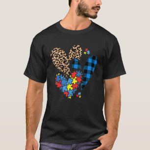 Autism Awareness Hearts Leopard Plaid Blue Buffalo T-Shirt