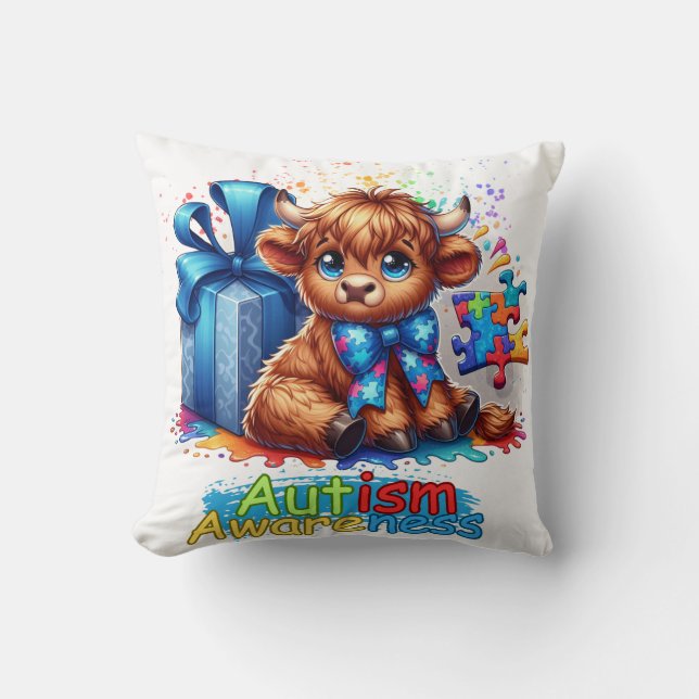 Autism Awareness Highland Cow Accent Pillow (Front)