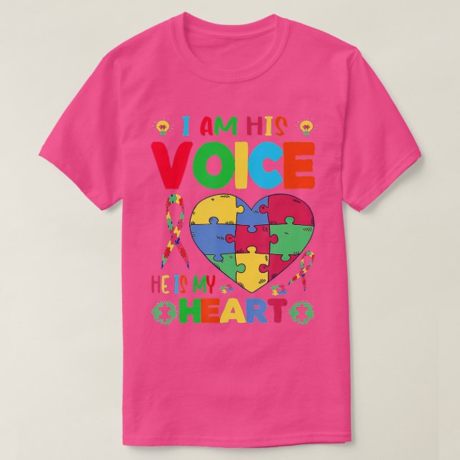 Autism Awareness I Am His Voice He Is My Heart Mom T-Shirt (Design Front)