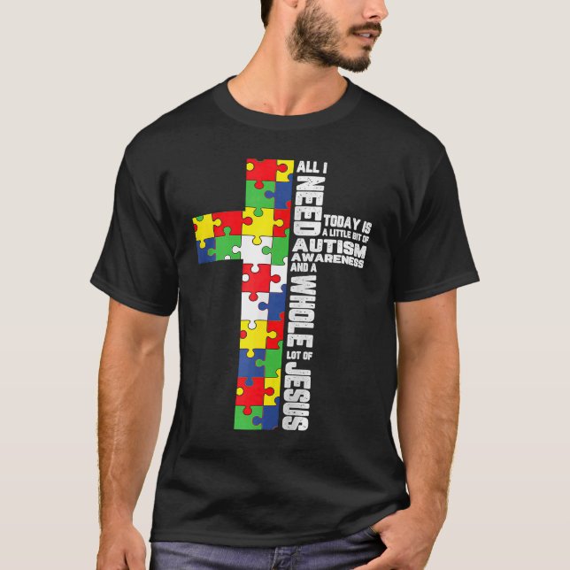 Autism Awareness Jesus Cross Christian God Jigsaw  T-Shirt (Front)
