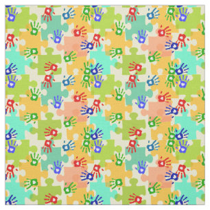 Autism Awareness Kids Hands Puzzle Pieces Yellow I Fabric
