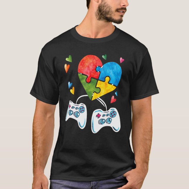 Autism Awareness Kids Video Gamer Puzzle Piece Blu T-Shirt (Front)