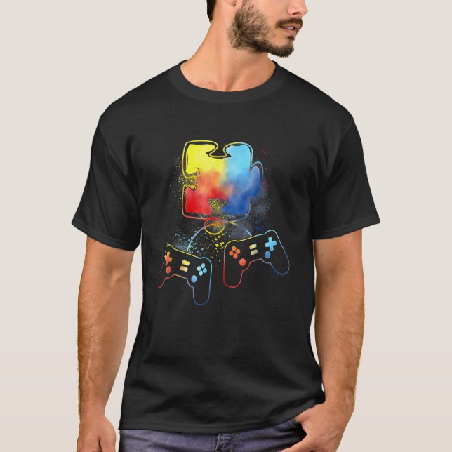 Autism Awareness Kids Video Gamer Puzzle Piece Blu T-Shirt (Front)