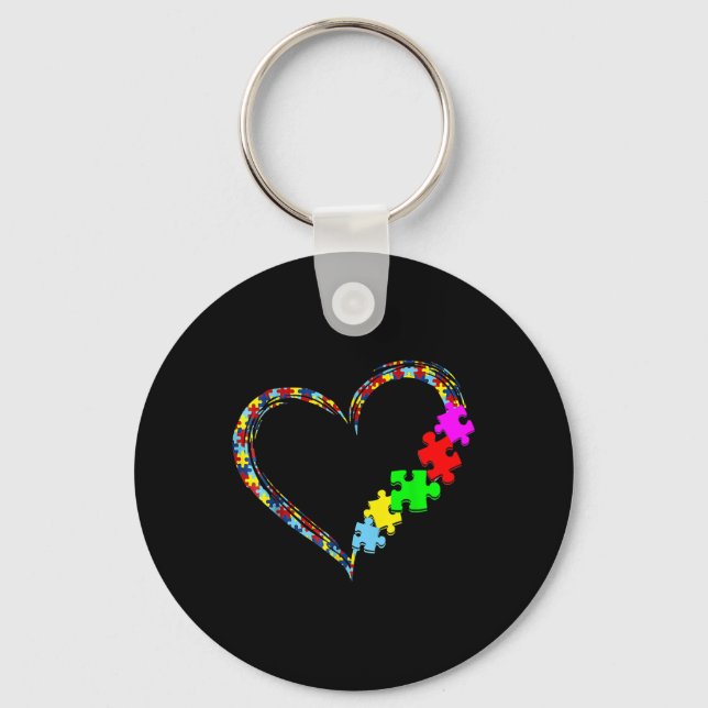 Autism Awareness Love Heart Puzzle Piece Gift Men  Key Ring (Front)