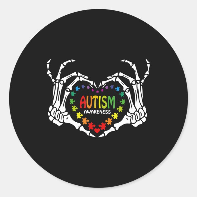 Autism Awareness Love Heart Puzzle Piece Skull  Classic Round Sticker (Front)