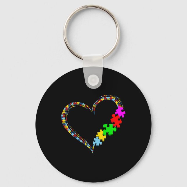 Autism Awareness Love Heart Puzzle Piece Valentine Key Ring (Front)