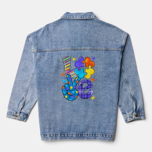 Autism Awareness Love Letter Cute Heart Puzzle Mum Denim Jacket (Back)