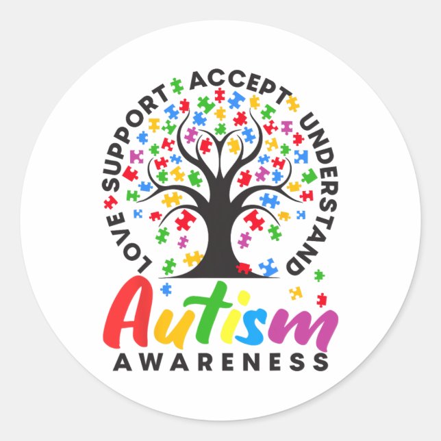 Autism Awareness Love Support Accept Understand Au Classic Round Sticker (Front)