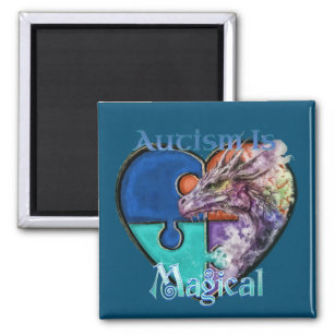 Autism Awareness Magical Dragon Puzzle Piece Heart Magnet