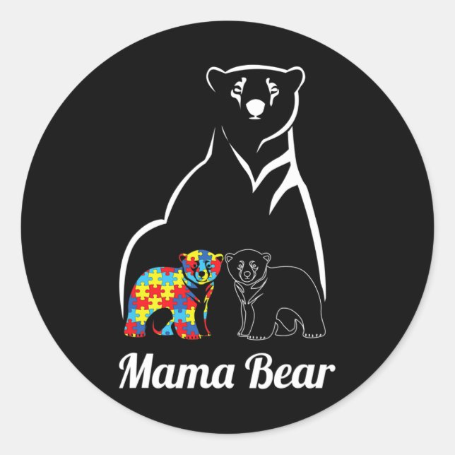 Autism Awareness Mama Bear Mum Autistic Child  Classic Round Sticker (Front)