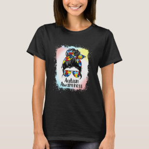 Autism Awareness Messy Bun Girl Women Bleached T-Shirt