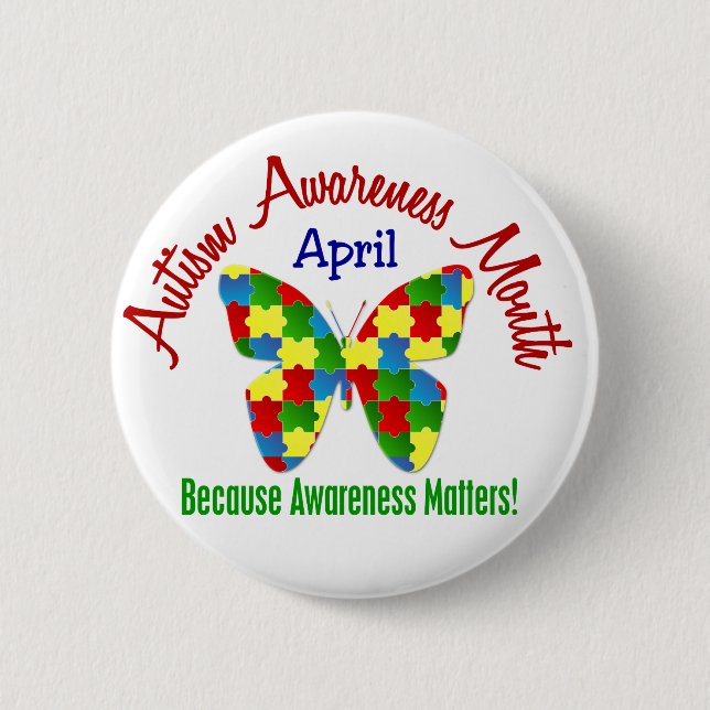 AUTISM AWARENESS MONTH APRIL Puzzle Butterfly 6 Cm Round Badge (Front)